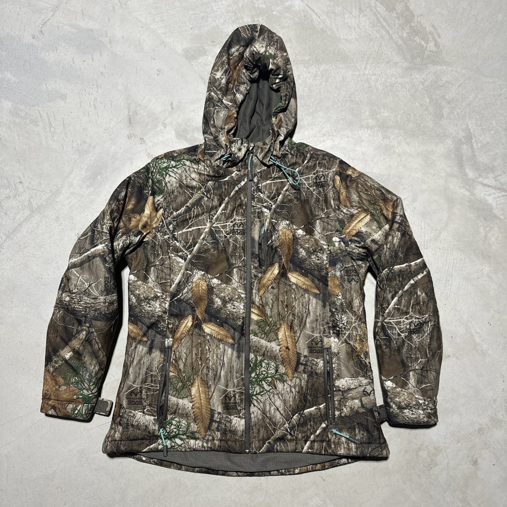 Real Tree Xtra Camo Puffer Jacket Hunting Outdoors Womens Medium Hooded Full Zip